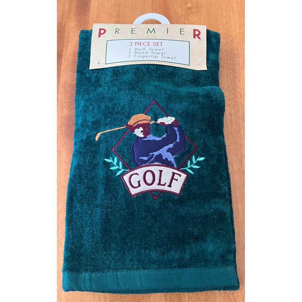 Premier Guest Towel Set of 3 Embroidered Green Golf Golfing Cotton NEW
